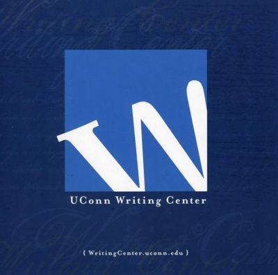 Blue image with a W in center. Under that it says UConn writing Center