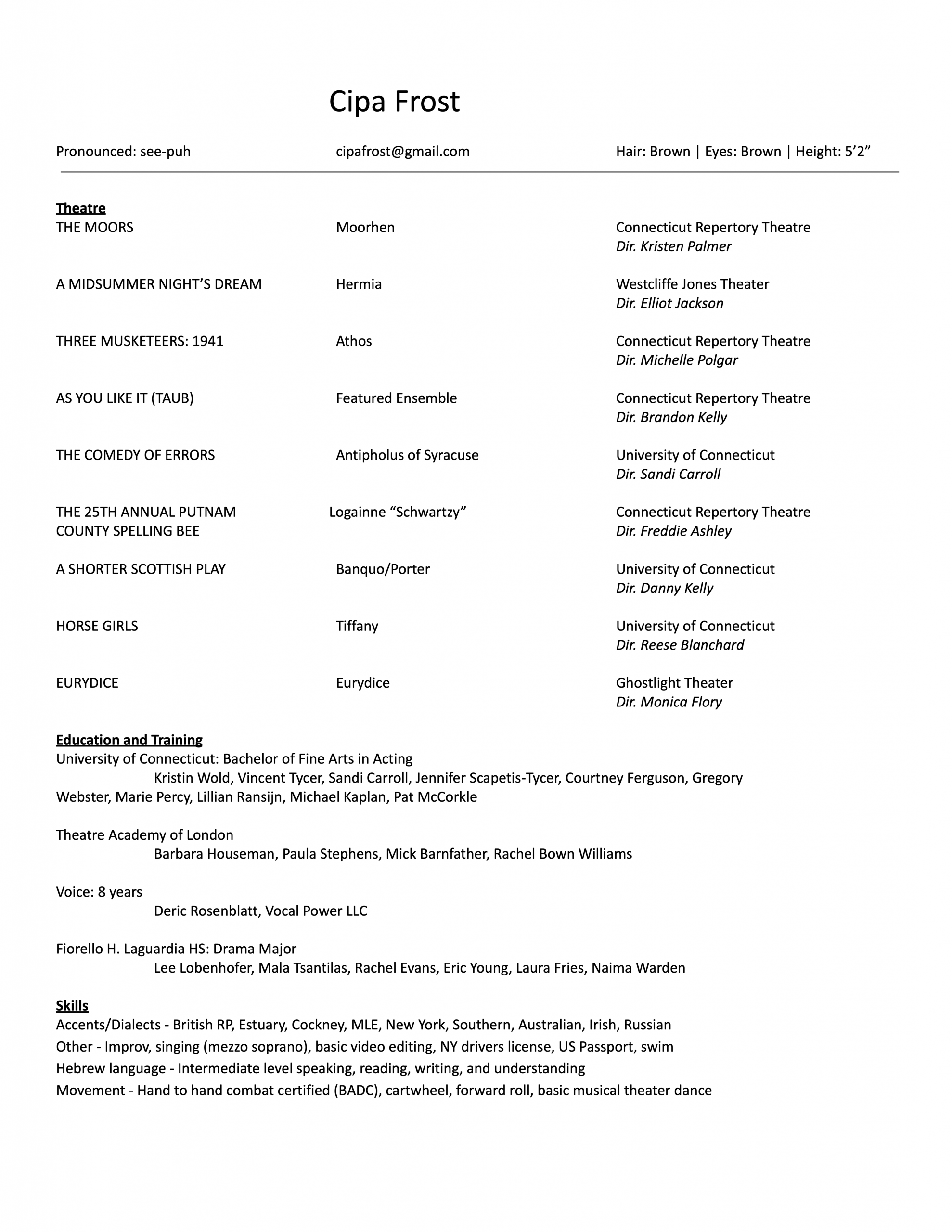Resume for Cipa Frost, PDF below.