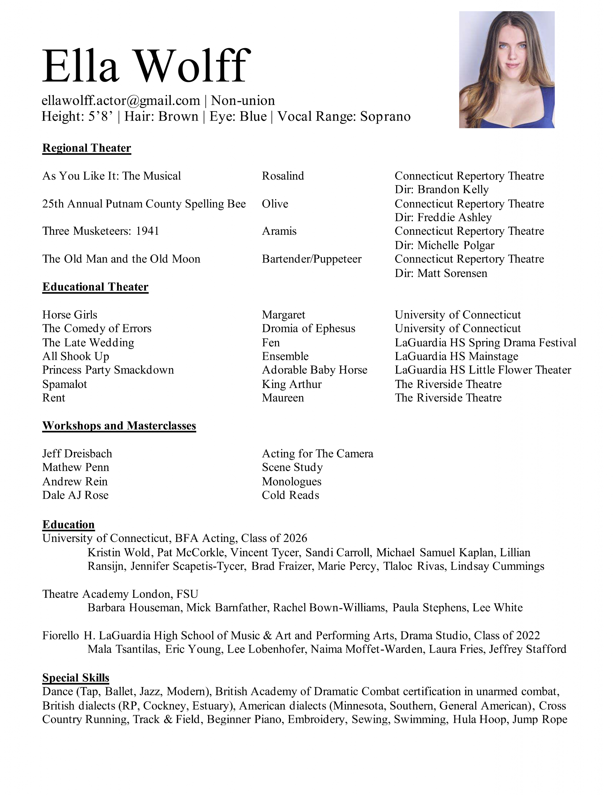 Resume for Ella Wolff, PDF below.