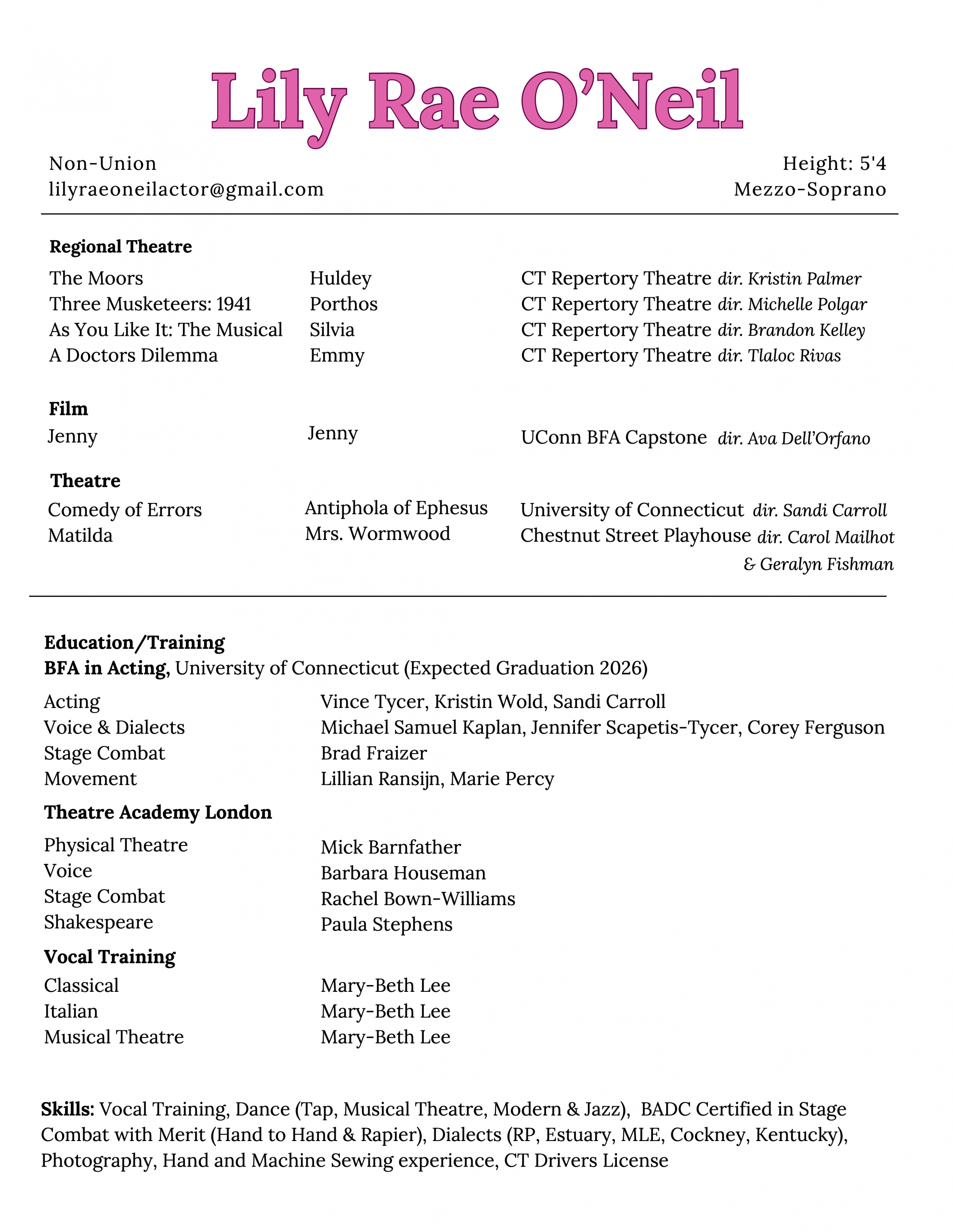 Resume for Lily Rae O'Neil, PDF below.